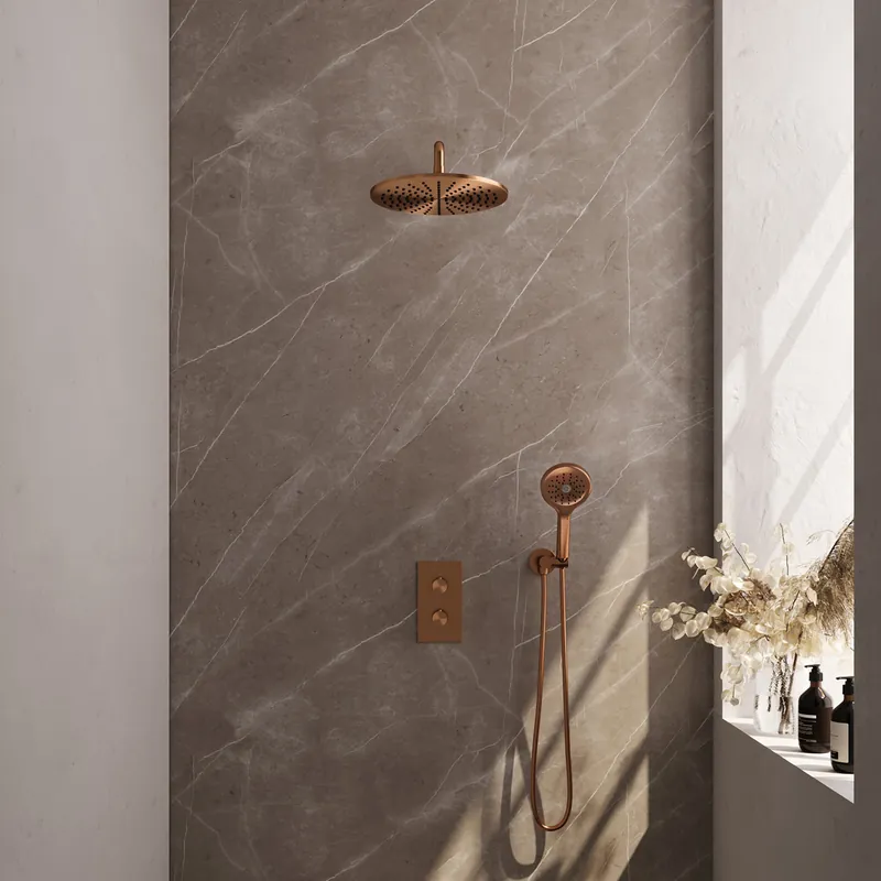 Brauer Copper Edition complete inbouw regendouche met 3 standen handdouche, gebogen wandarm en hoofddouche 30cm set 34 koper geborsteld PVD Origineel