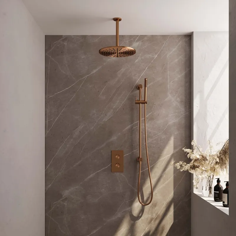 Brauer Copper Edition complete inbouw regendouche met staafhanddouche, plafondarm, glijstang en hoofddouche 30cm set 42 koper geborsteld PVD Exclusief