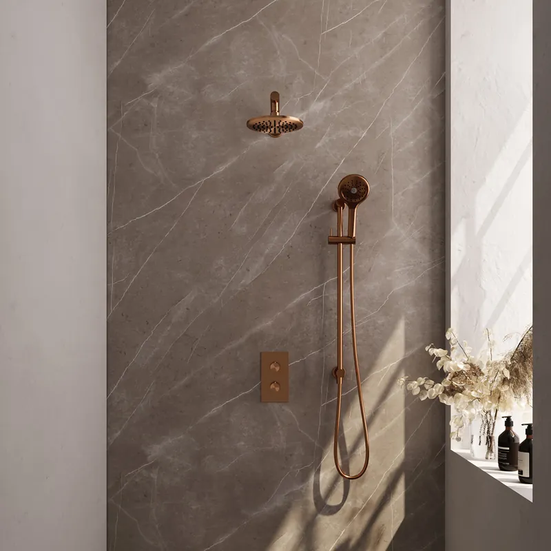 Brauer Copper Edition complete inbouw regendouche met 3 standen handdouche, rechte wandarm, glijstang en hoofddouche 20cm set 43 koper geborsteld PVD Exclusieve Aanbieding