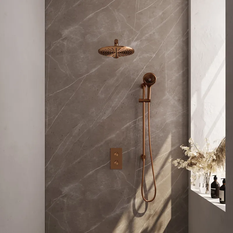 Brauer Copper Edition complete inbouw regendouche met 3 standen handdouche, rechte wandarm, glijstang en hoofddouche 30cm set 44 koper geborsteld PVD Wereldwijde Verzending