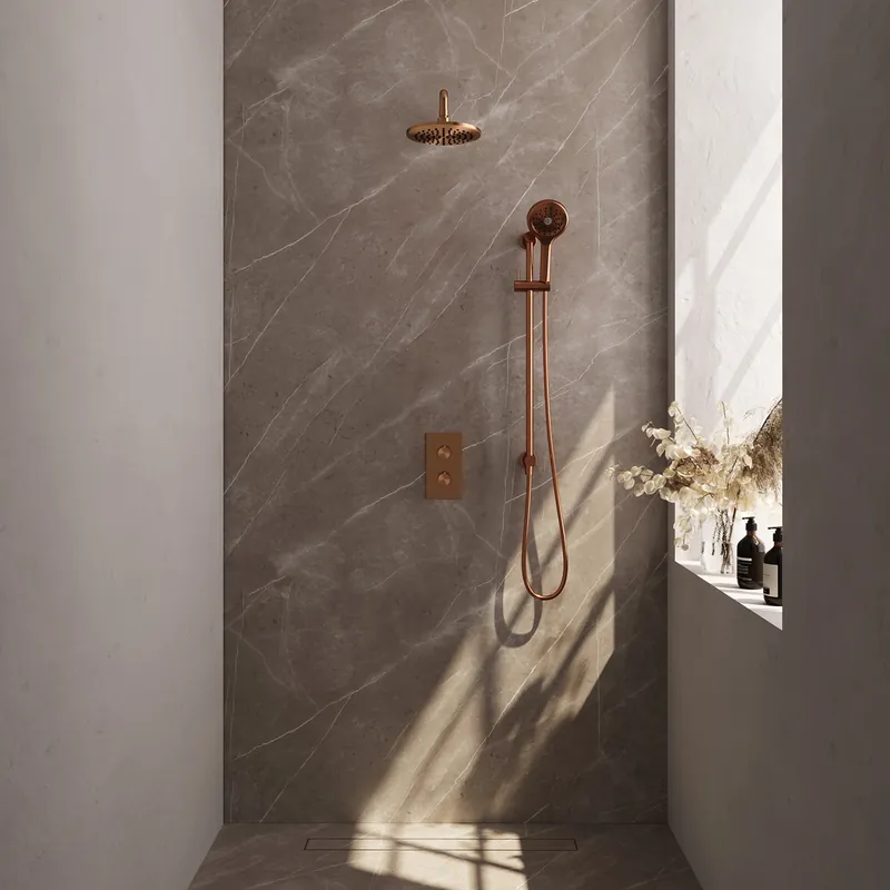 Nu Kopen Brauer Copper Edition complete inbouw regendouche met 3 standen handdouche, gebogen wandarm, glijstang en hoofddouche 20cm set 45 koper geborsteld PVD