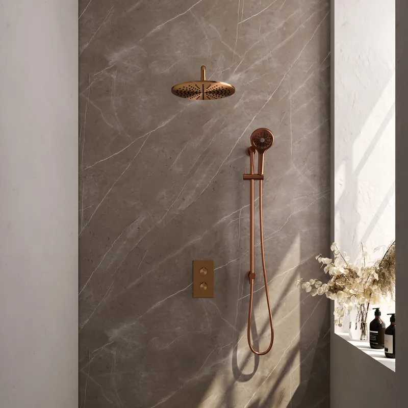 Brauer Copper Edition complete inbouw regendouche met 3 standen handdouche, gebogen wandarm, glijstang en hoofddouche 30cm set 46 koper geborsteld PVD Meest Verkocht
