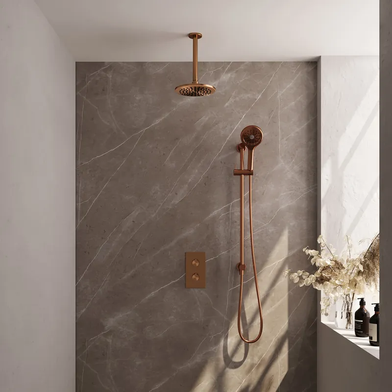 Wereldwijde Verzending Brauer Copper Edition complete inbouw regendouche met 3 standen handdouche, plafondarm, glijstang en hoofddouche 20cm set 47 koper geborsteld PVD