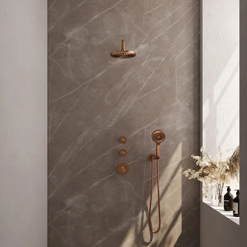 Handgemaakt Brauer Copper Edition complete inbouw regendouche met 3 standen handdouche, gebogen wandarm en hoofddouche 20cm set 9 koper geborsteld PVD