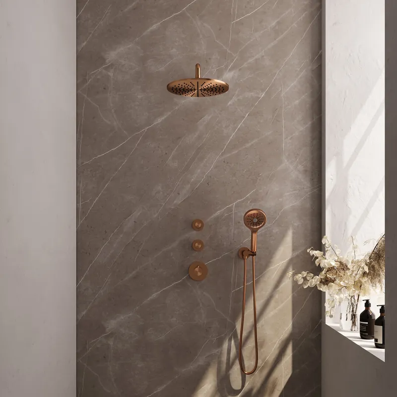 Brauer Copper Edition complete inbouw regendouche met 3 standen handdouche, gebogen wandarm en hoofddouche 30cm set 10 koper geborsteld PVD Voordeelprijs