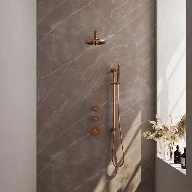 Bestel Nu Brauer Copper Edition complete inbouw regendouche met staafhanddouche, gebogen wandarm, glijstang en hoofddouche 20cm set 15 koper geborsteld PVD