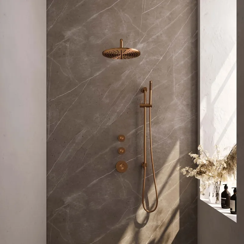 Brauer Copper Edition complete inbouw regendouche met staafhanddouche, gebogen wandarm, glijstang en hoofddouche 30cm set 16 koper geborsteld PVD In De Mode