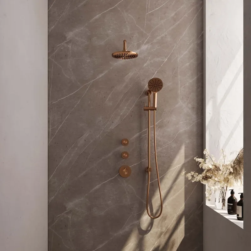 Luxe Brauer Copper Edition complete inbouw regendouche met 3 standen handdouche, gebogen wandarm, glijstang en hoofddouche 20cm set 21 koper geborsteld PVD