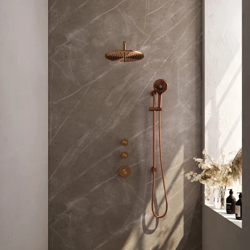 Brauer Copper Edition complete inbouw regendouche met 3 standen handdouche, gebogen wandarm, glijstang en hoofddouche 30cm set 22 koper geborsteld PVD Op = Op
