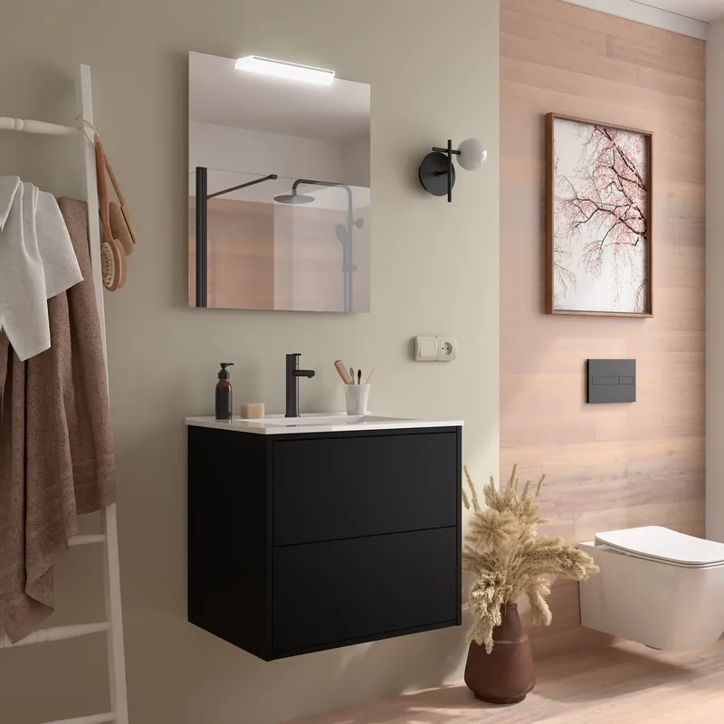 Muebles Ideal badmeubel 60cm met wastafel en spiegel zwart mat In De Mode