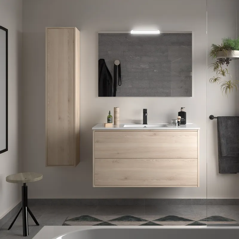 Muebles Ideal badmeubel 100cm met wastafel en spiegel naturel eiken Rechtstreeks Van De Fabrikant