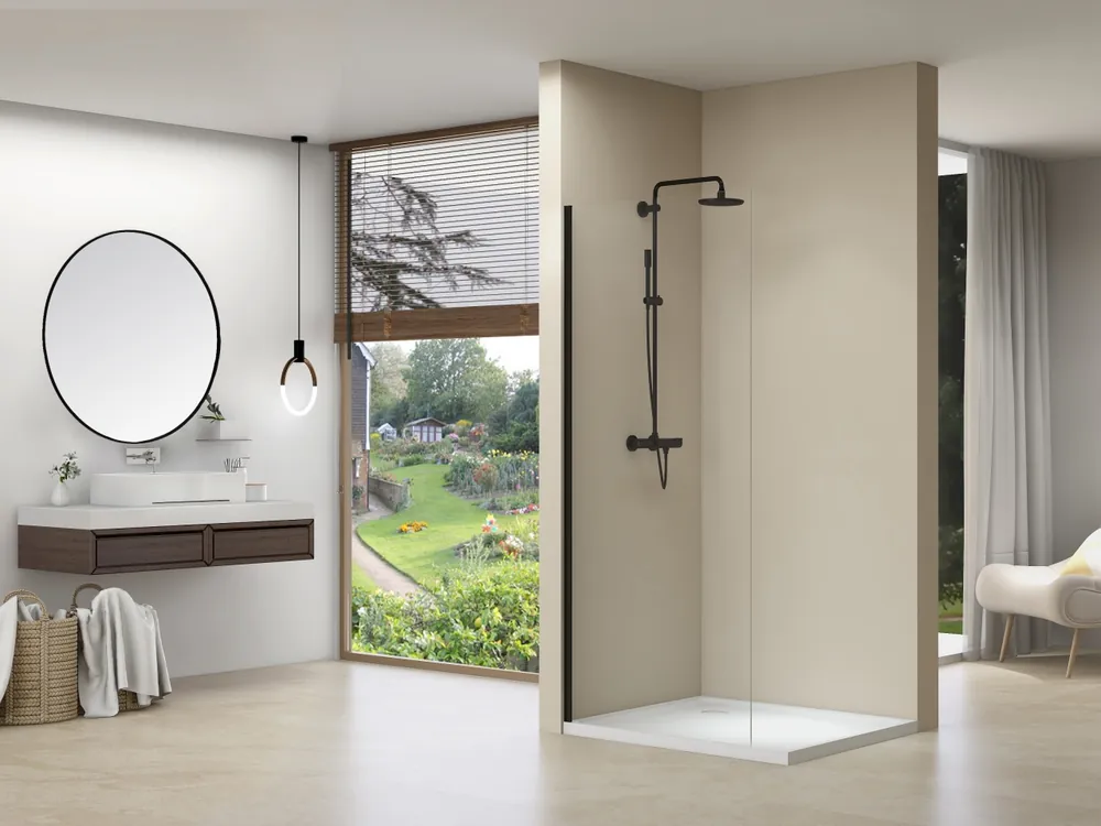 van Rijn ST01 vaste wand met helder glas 30x200cm zwart mat Exclusief