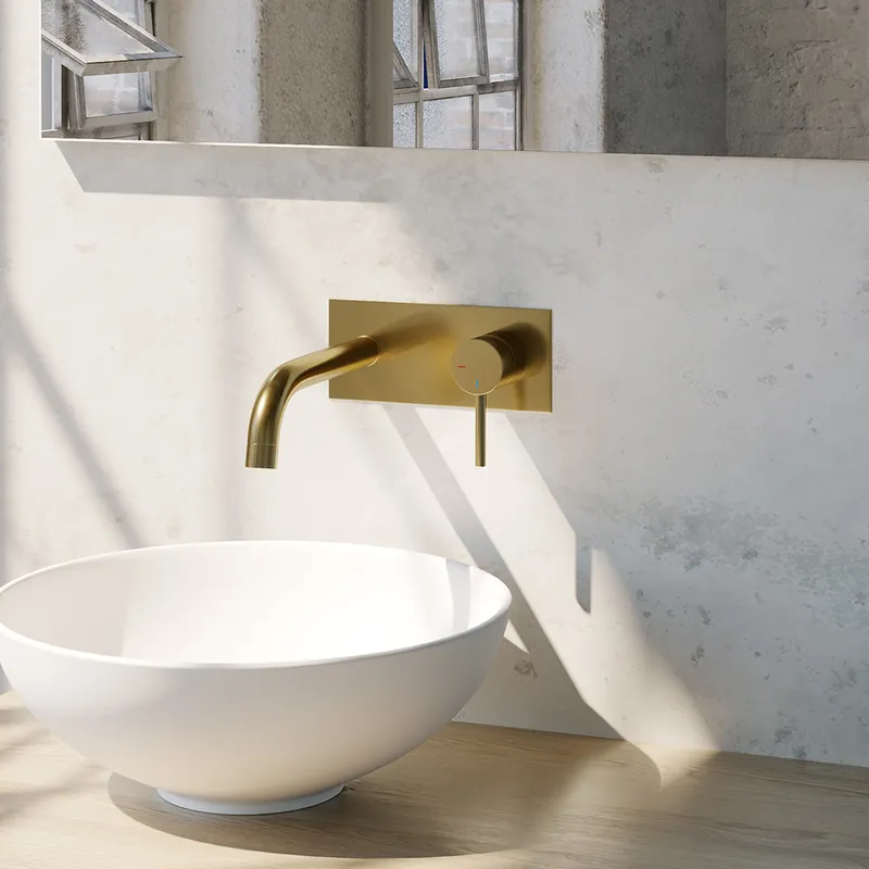 Brauer Gold Edition ColdStart wastafelkraan inbouw gebogen uitloop met achterplaat model A1 geborsteld messing PVD Topkwaliteit