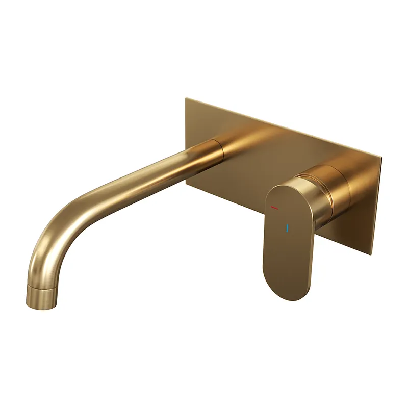 Brauer Gold Edition ColdStart wastafelkraan inbouw gebogen uitloop met achterplaat model C1 geborsteld messing PVD Shop Nu