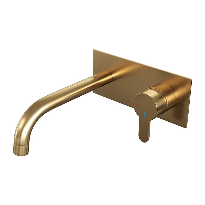 Handgemaakt Brauer Gold Edition ColdStart wastafelkraan inbouw gebogen uitloop met achterplaat model D1 geborsteld messing PVD