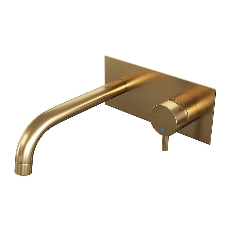Bestel Nu Brauer Gold Edition ColdStart wastafelkraan inbouw gebogen uitloop met achterplaat model B1 geborsteld messing PVD