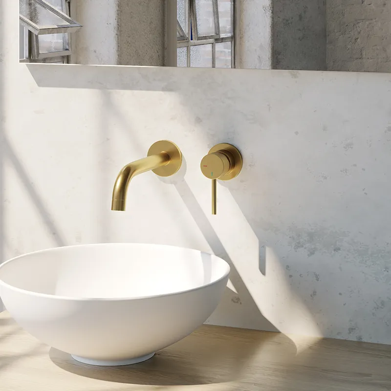 Brauer Gold Edition ColdStart wastafelkraan inbouw gebogen uitloop en rozetten model A1 geborsteld messing PVD Beste Prijs