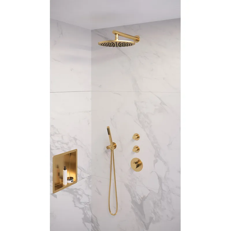 Brauer Gold Edition complete inbouw regendouche met staafhanddouche, rechte wandarm en hoofddouche 30cm set 2 messing geborsteld PVD Authentiek