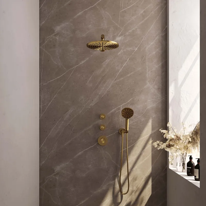 Brauer Gold Edition complete inbouw regendouche met 3 standen handdouche, rechte wandarm en hoofddouche 30cm set 8 messing geborsteld PVD Gratis Retour