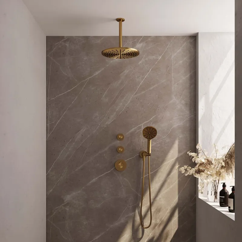 Brauer Gold Edition complete inbouw regendouche met 3 standen handdouche, plafondarm en hoofddouche 30cm set 12 messing geborsteld PVD Exclusief