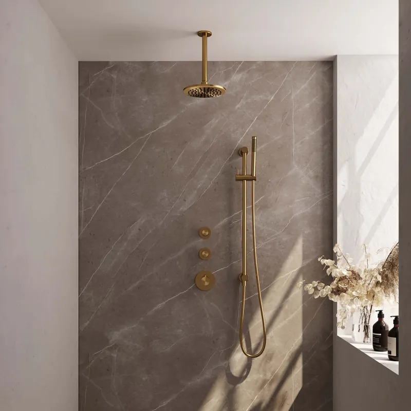 Express Levering Brauer Gold Edition complete inbouw regendouche met staafhanddouche, plafondarm, glijstang en hoofddouche 20cm set 17 messing geborsteld PVD