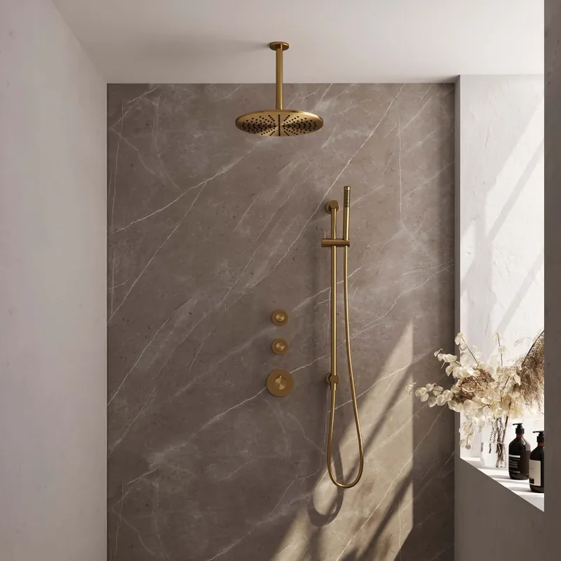 Brauer Gold Edition complete inbouw regendouche met staafhanddouche, plafondarm, glijstang en hoofddouche 30cm set 18 messing geborsteld PVD Merkproduct