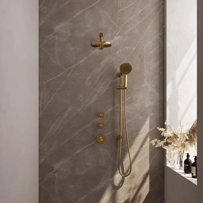 Brauer Gold Edition complete inbouw regendouche met 3 standen handdouche, rechte wandarm, glijstang en hoofddouche 20cm set 19 messing geborsteld PVD Op = Op