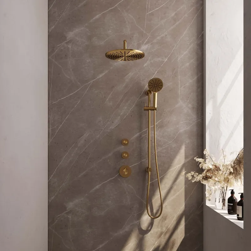 Weekendaanbieding Brauer Gold Edition complete inbouw regendouche met 3 standen handdouche, gebogen wandarm, glijstang en hoofddouche 30cm set 22 messing geborsteld PVD