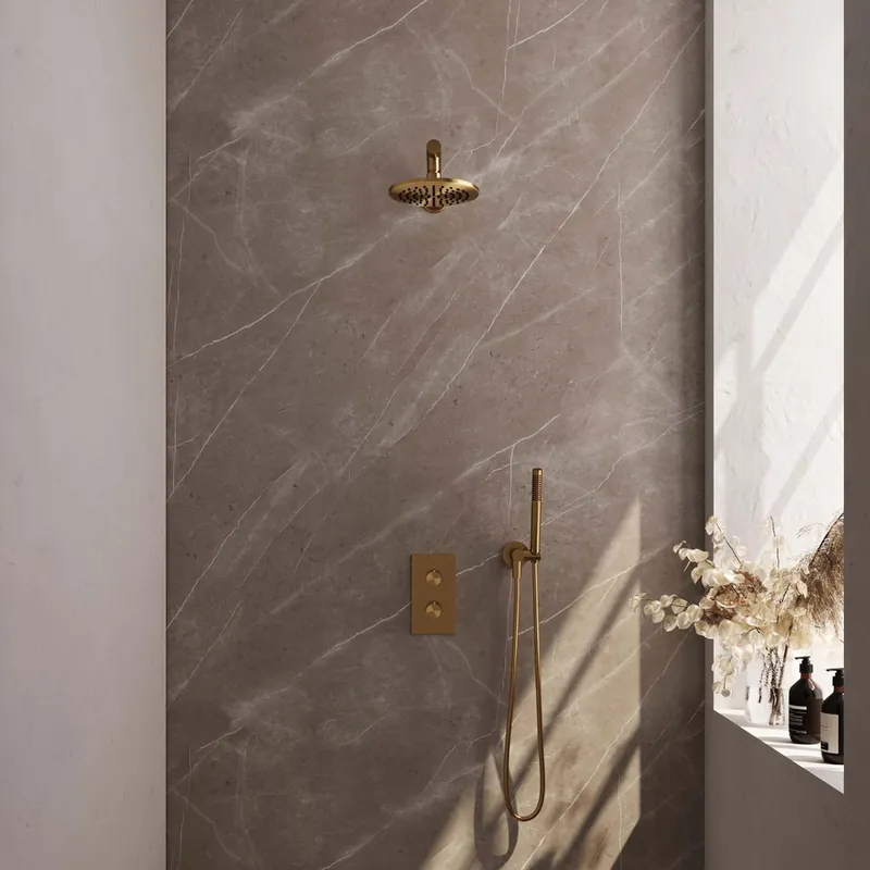 Brauer Gold Edition complete inbouw regendouche met staafhanddouche, rechte wandarm en hoofddouche 20cm set 25 messing geborsteld PVD Trendy