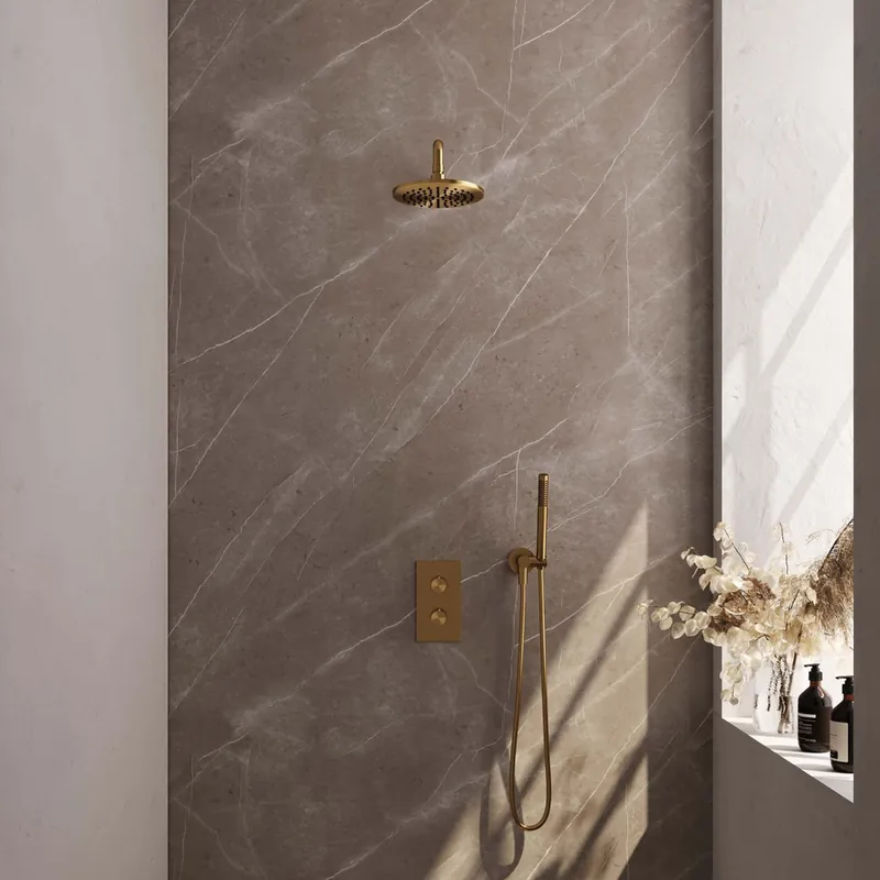 Brauer Gold Edition complete inbouw regendouche met staafhanddouche, gebogen wandarm en hoofddouche 20cm set 27 messing geborsteld PVD Fabrieksprijs