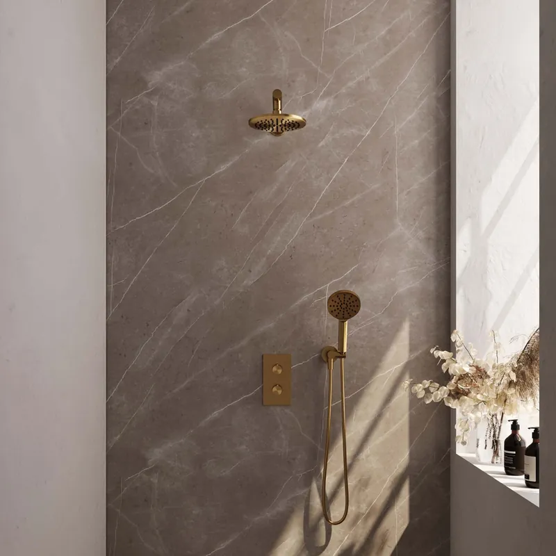 Speciale Aanbieding Brauer Gold Edition complete inbouw regendouche met 3 standen handdouche, rechte wandarm en hoofddouche 20cm set 31 messing geborsteld PVD
