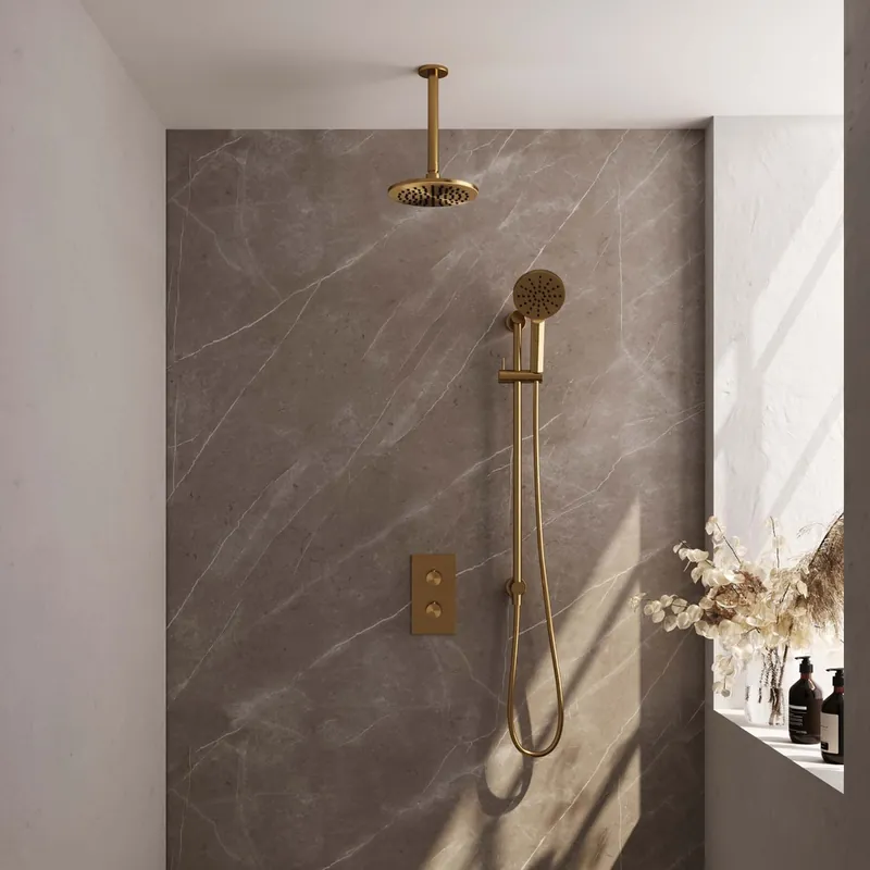 Brauer Gold Edition complete inbouw regendouche met 3 standen handdouche, plafondarm, glijstang en hoofddouche 20cm set 47 messing geborsteld PVD Superprijs