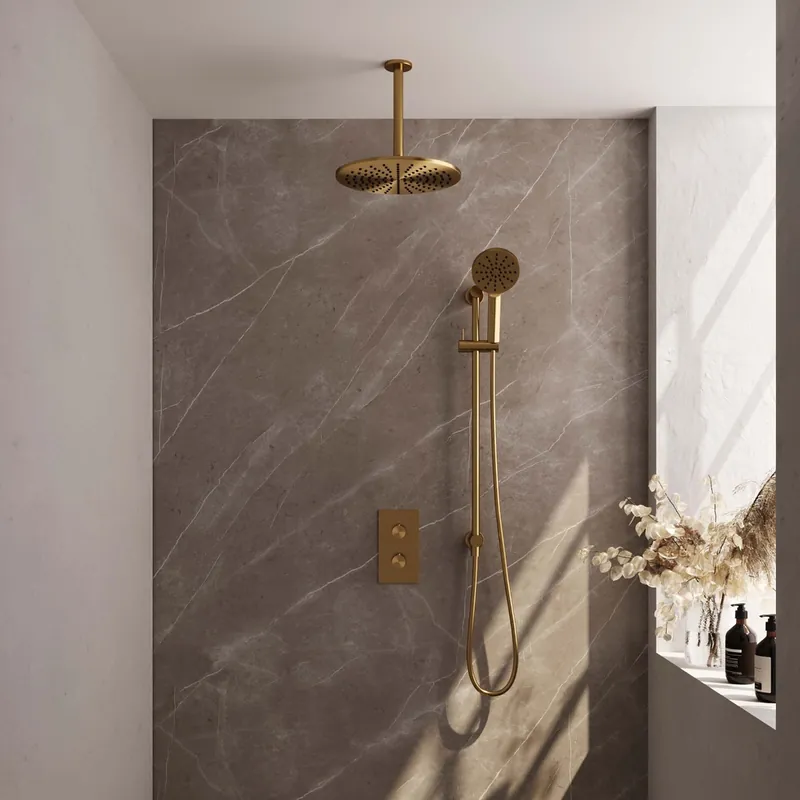 Beste Prijs Brauer Gold Edition complete inbouw regendouche met 3 standen handdouche, plafondarm, glijstang en hoofddouche 30cm set 48 messing geborsteld PVD