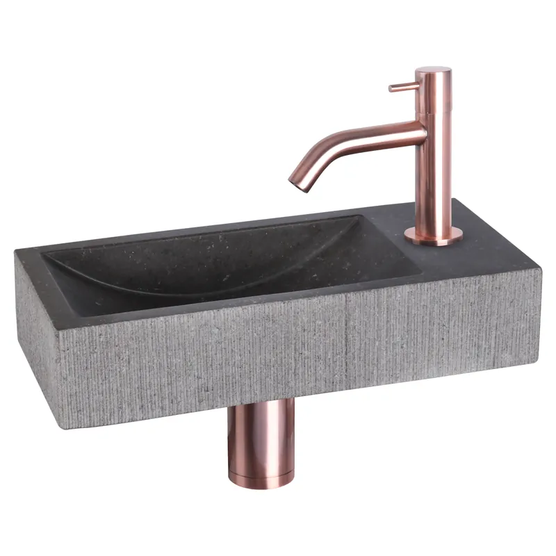 Differnz Ribble fonteinset natuursteen bombai black met gebogen kraan rood koper Handgemaakt