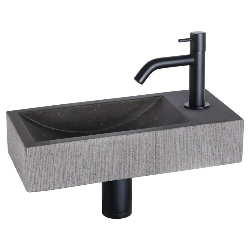 Bestel Nu Differnz Ribble fonteinset natuursteen bombai black met gebogen kraan mat zwart