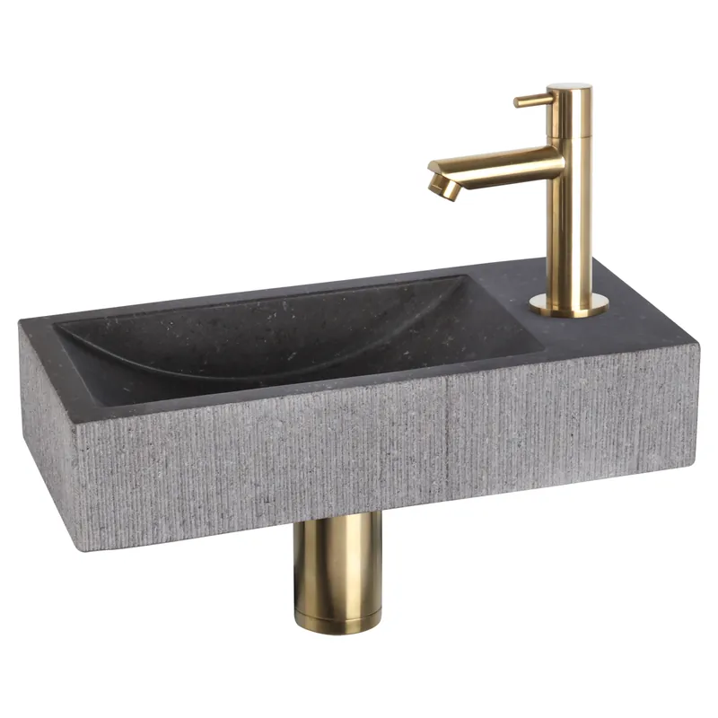Differnz Ribble fonteinset natuursteen bombai black met rechte kraan mat goud Budget
