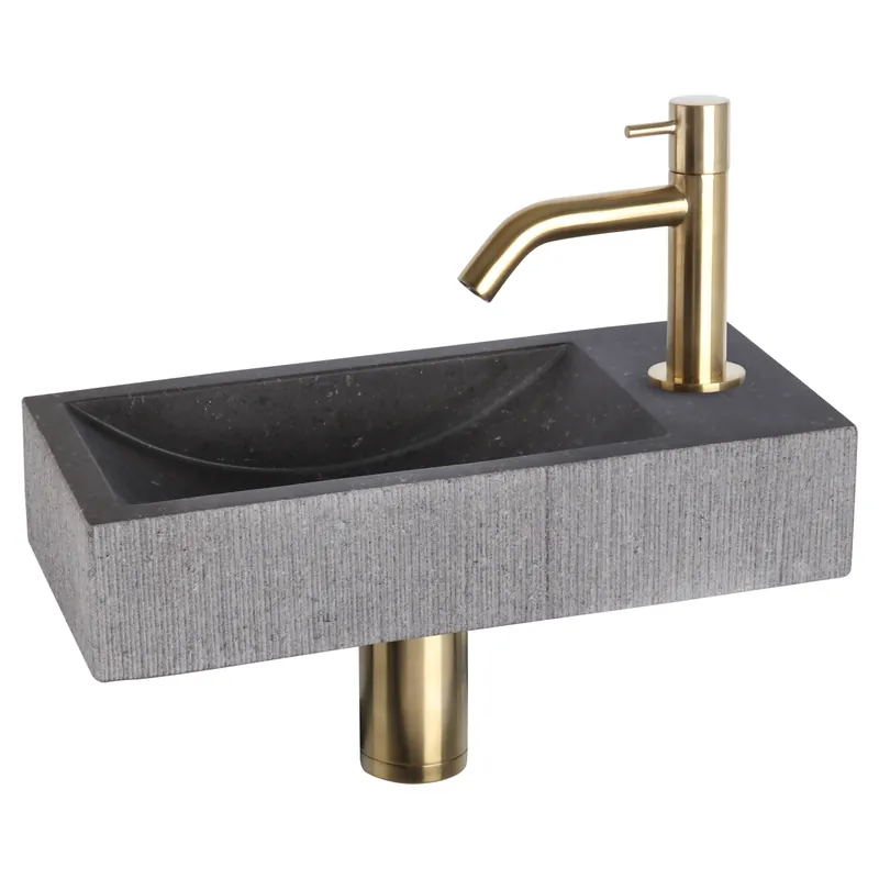 Meest Verkocht Differnz Ribble fonteinset natuursteen bombai black met gebogen kraan mat goud