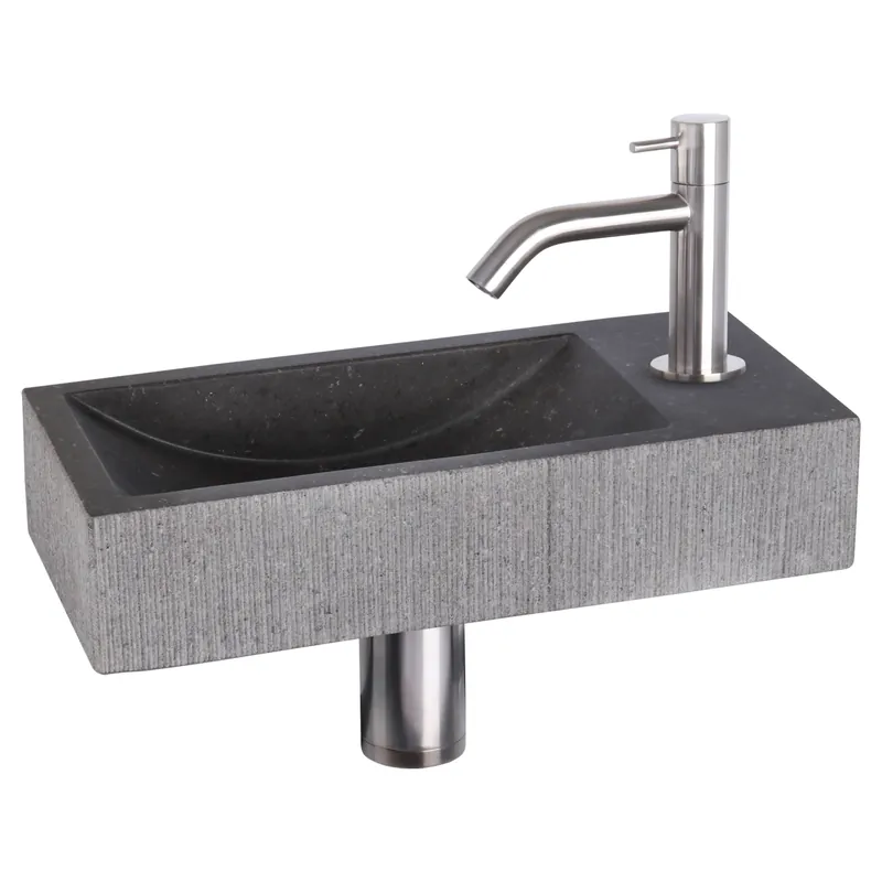 Differnz Ribble fonteinset natuursteen bombai black met gebogen kraan mat chroom Op = Op