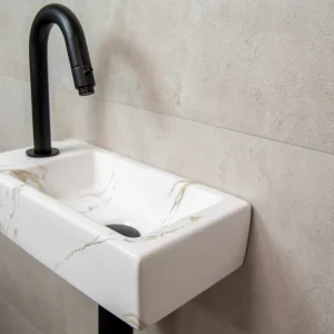 Mueller Mini Apa fonteinset links met wit marmeren fontein en gebogen zwarte kraan Shop Nu