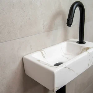 Mueller Mini Apa fonteinset rechts met wit marmeren fontein en gebogen zwarte kraan Origineel