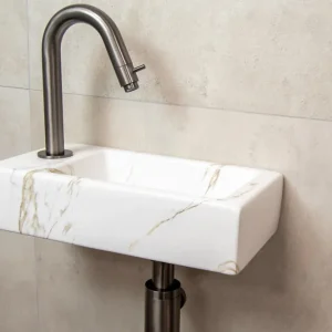 Mueller Mini Apa fonteinset links met wit marmeren fontein en gebogen verouderd ijzeren kraan Nieuw Model