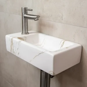 Flitsaanbieding Mueller Mini Apa fonteinset links met wit marmeren fontein en RVS kraan