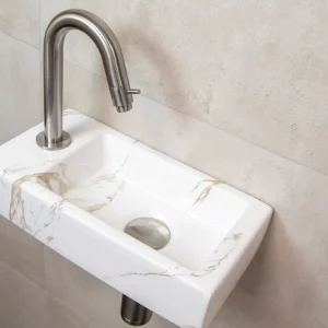Mueller Mini Apa fonteinset links met wit marmeren fontein en gebogen RVS kraan Tijdelijk Beschikbaar