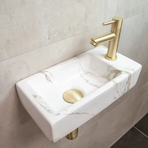 Mueller Mini Apa fonteinset rechts met wit marmeren fontein en gouden kraan Koopje