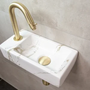 Premium Mueller Mini Apa fonteinset links met wit marmeren fontein en gebogen gouden kraan