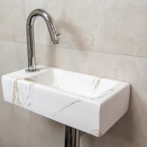 Mueller Mini Apa fonteinset links met wit marmeren fontein en gebogen chromen kraan Bulkbestelling