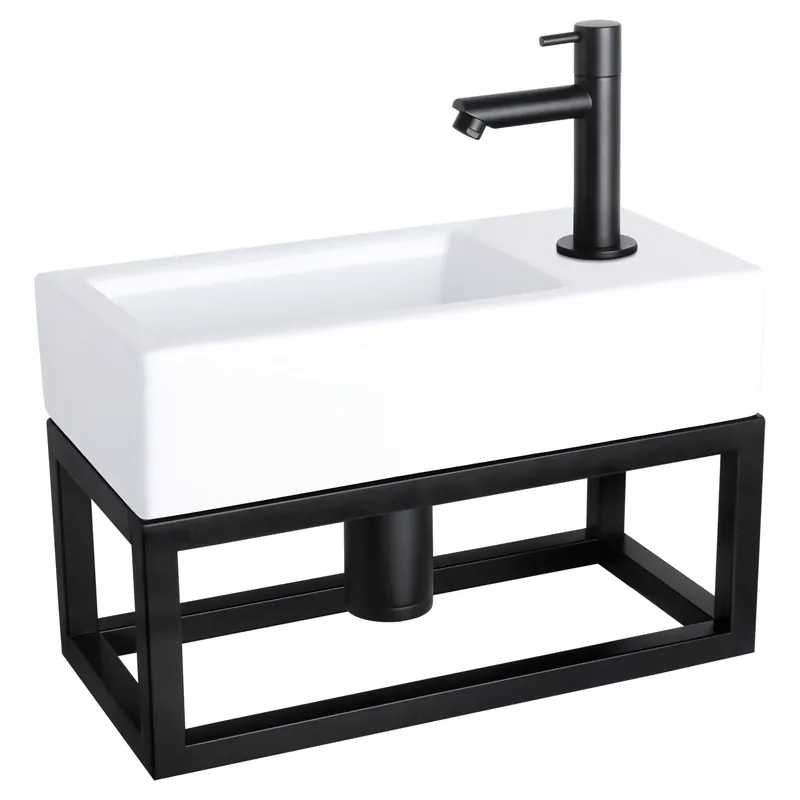 Differnz Ravo fonteinset keramiek met handdoekrek en rechte kraan mat zwart Speciale Aanbieding