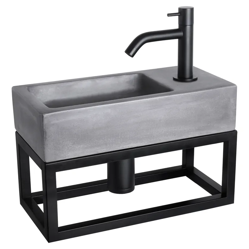 Exclusieve Aanbieding Differnz Ravo fonteinset donkergrijs beton met handdoekrek en gebogen kraan mat zwart