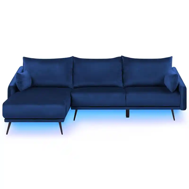 VARDE - Hoekbank 3-zits LED - Marineblauw - Rechts - Fluweel Laatste Versie