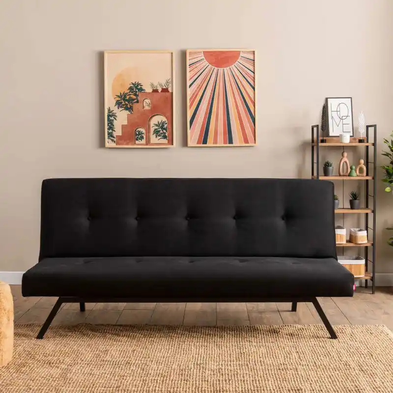 3-Zits Slaapbank Zoly Zwart Stof - 180 cm - Zonder armleuningen - Gecapitonneerd Luxe